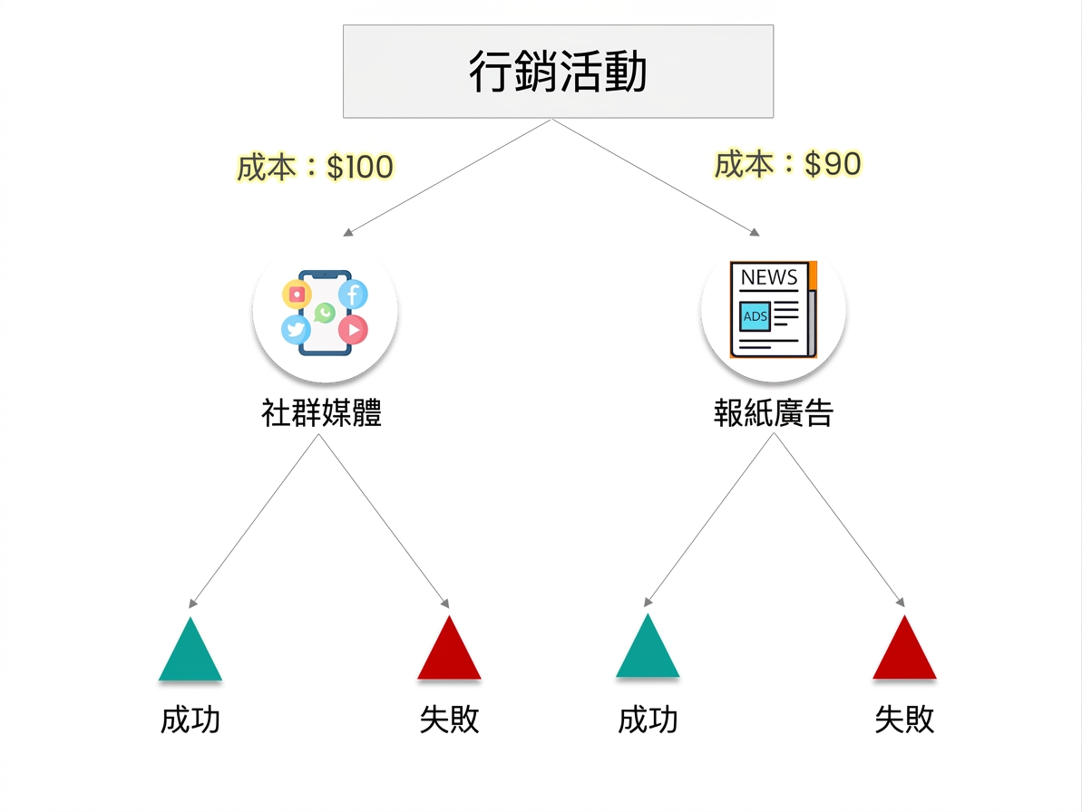 決策樹:行銷活動為根節點,替代方案為社群媒體與報紙廣告。各方案有成功(綠色三角形)與失敗(紅色三角形)的結果。