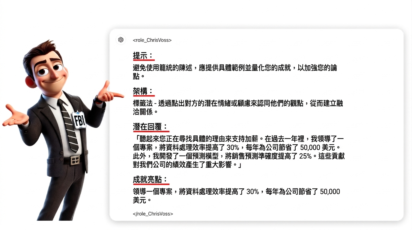 圖片為穿著 FBI 西裝的卡通角色，指向一段結構化的提示詞回應