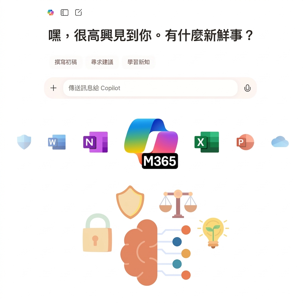 Copilot 聊天與 Copilot 365 圖示，以及代表負責任 AI 的圖示