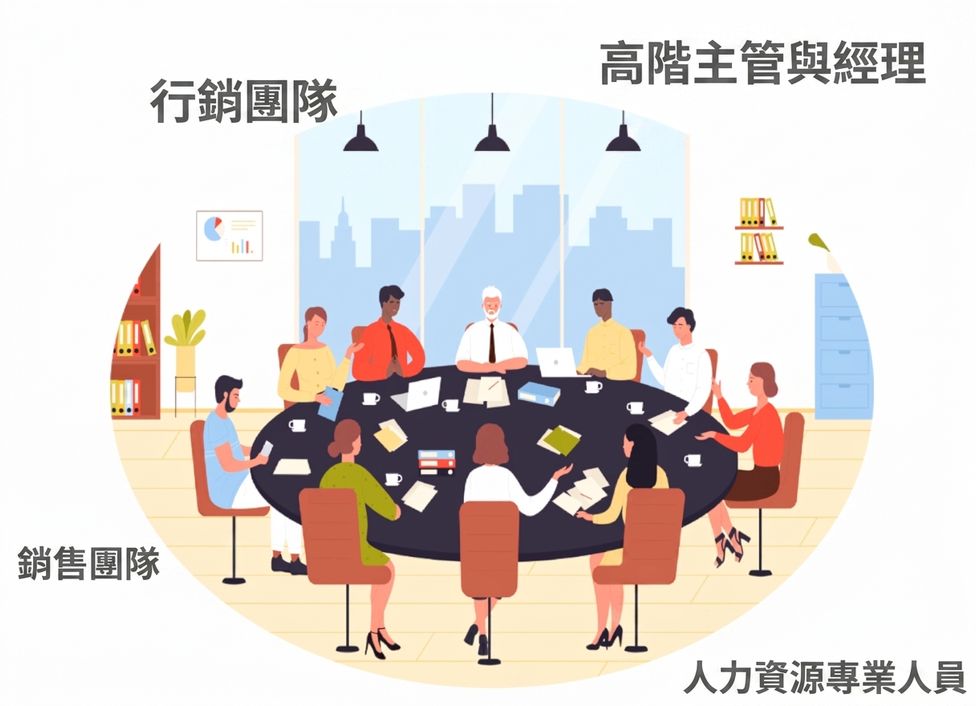 行銷、業務、人資與高階主管等多元專業人士在會議室的大型會議桌旁開會的插圖。