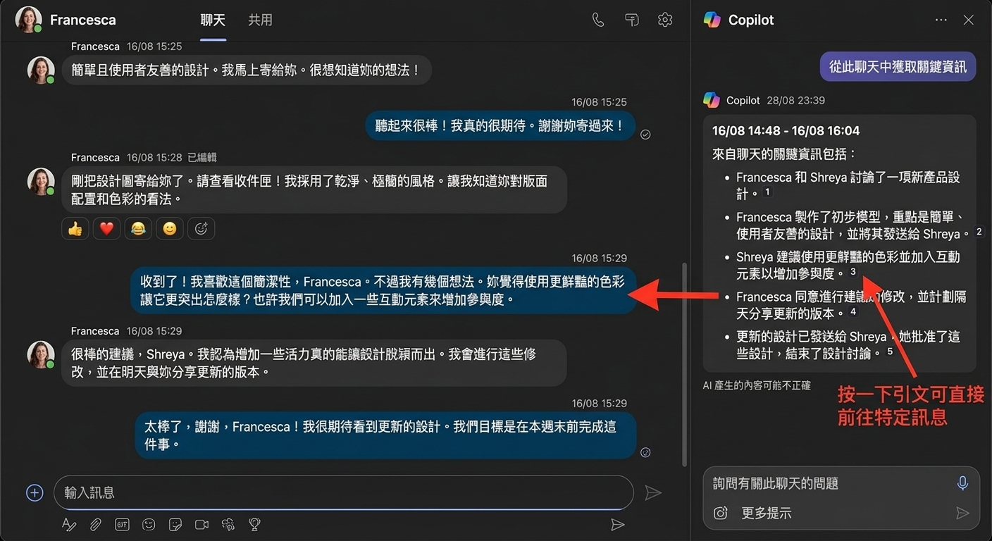 Microsoft Teams 聊天的截圖，側邊開啟 Copilot 回覆，紅色箭頭指向可連到原始訊息的參考連結。