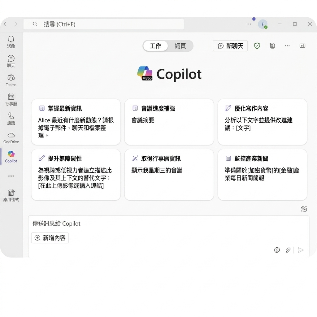 Microsoft 365 的 Copilot 介面，提供多種生產力選項，例如時間運用、理解郵件與專業寫作協助。