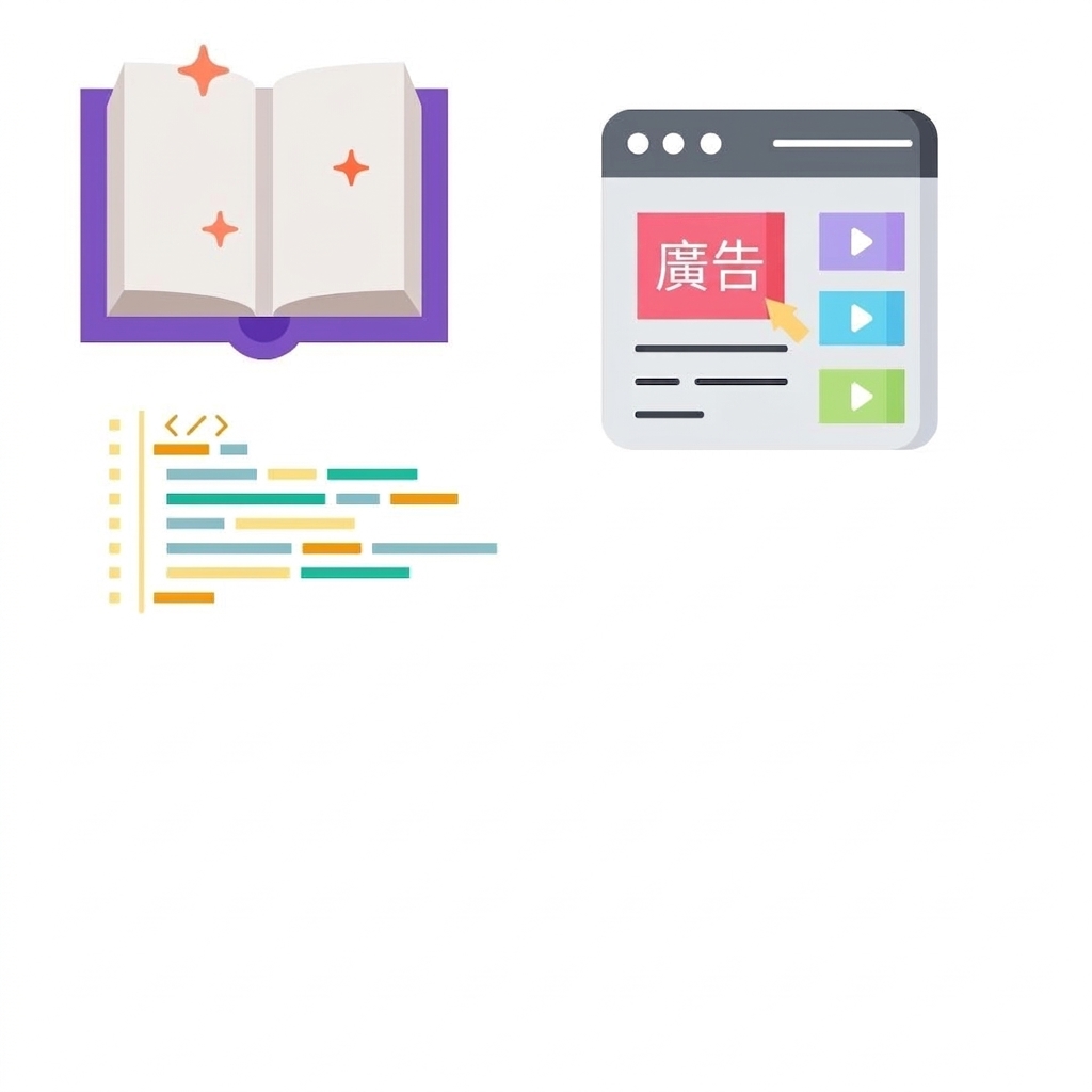 一本攤開的書、一個顯示行銷文案的網頁與一段程式碼