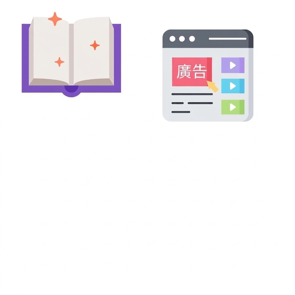 一本攤開的書與一個顯示行銷文案的網頁