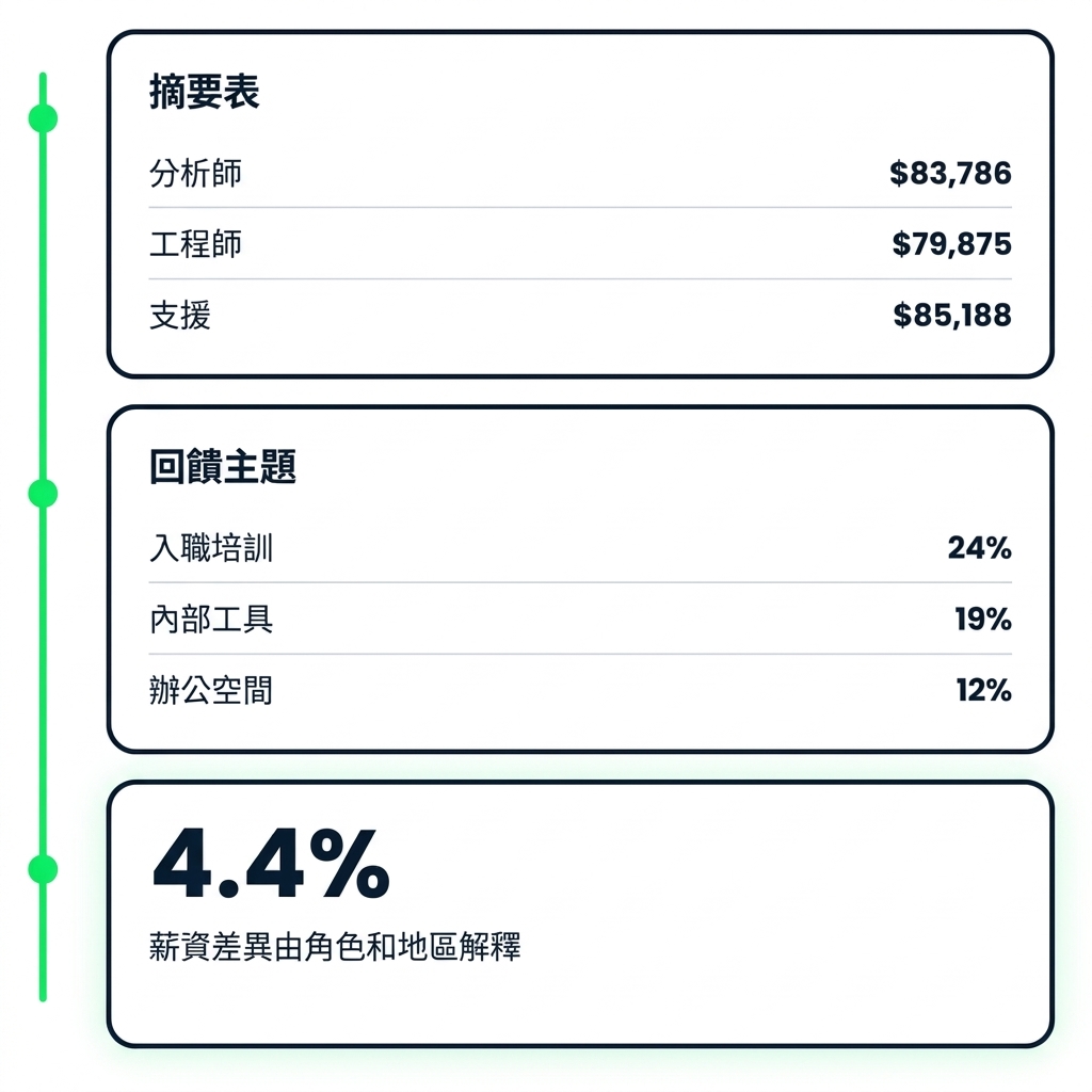 一次多步驟分析的三種輸出:摘要表、回饋主題排名與模型統計量
