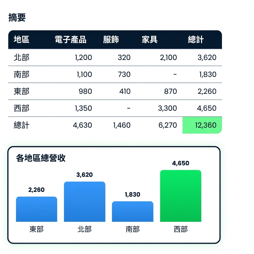 依區域與類別的營收樞紐分析，並含區域總計的長條圖