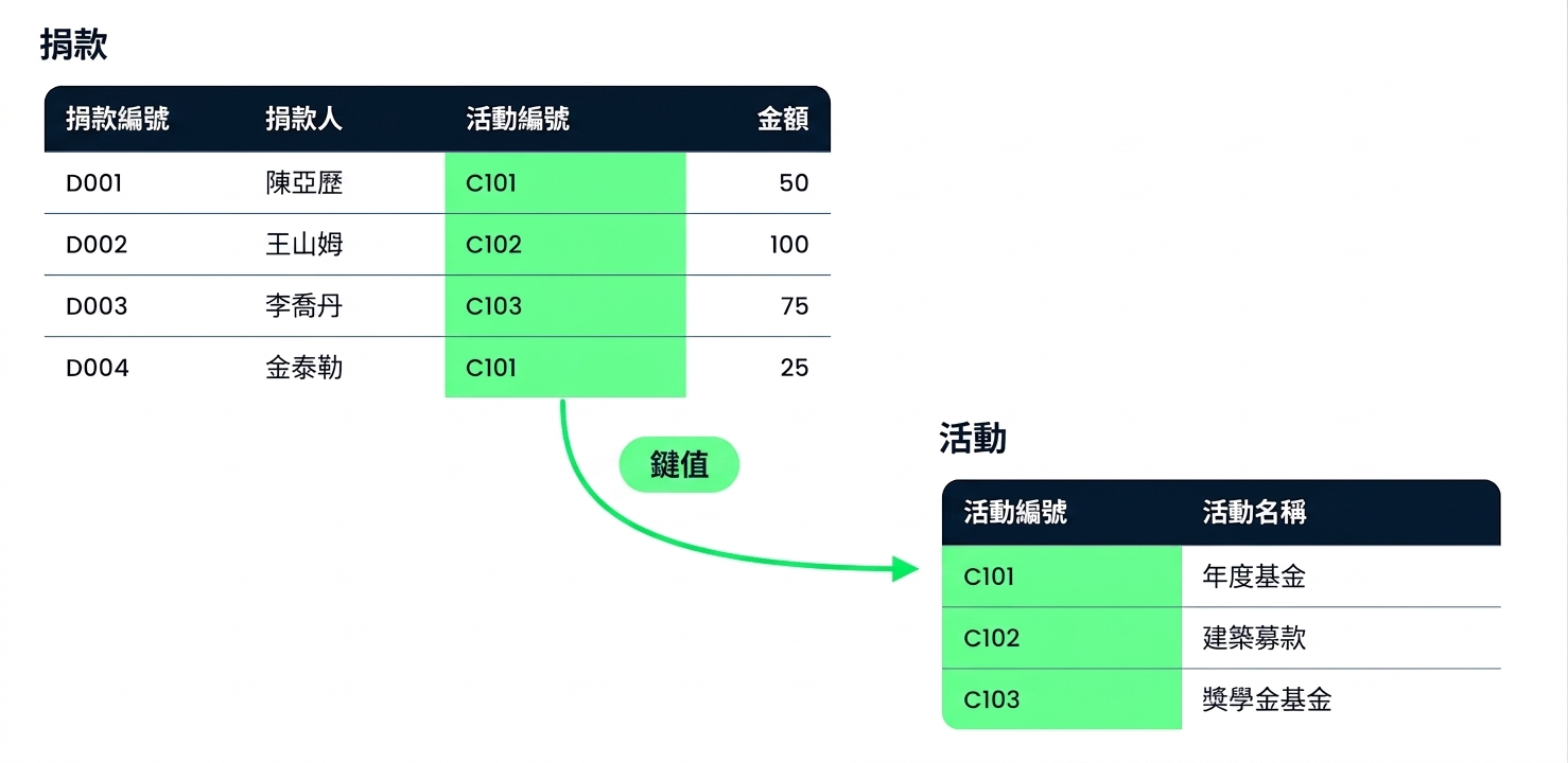 將 Donations 與 Campaigns 兩個資料表，透過共同的 Campaign ID 欄連接