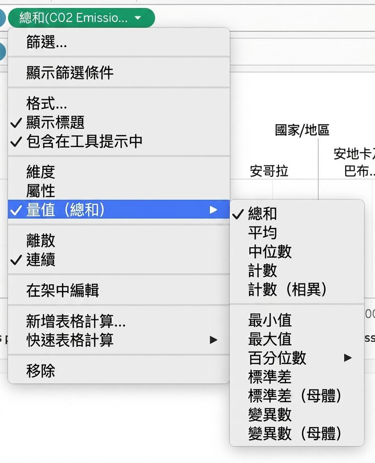 Tableau 聚合度量的下拉選單