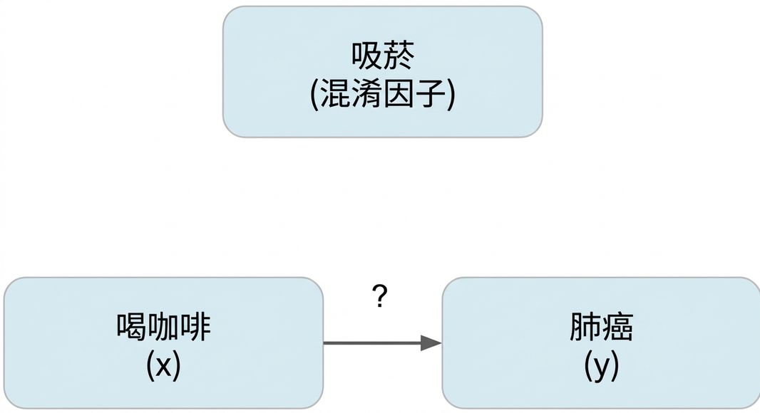 咖啡飲用(x)指向肺癌(y),上方有吸菸(混雜因子)
