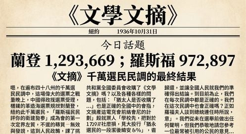 1936 年《Literary Digest》的頭版，標題為選舉預測。預測 Landon 得 130 萬票，Roosevelt 略低於 100 萬票。