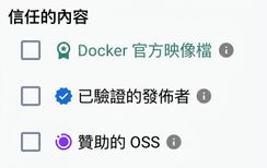Docker Hub 有三種「可信內容」篩選：Docker Official Images、Verified Publisher、Sponsored OSS。