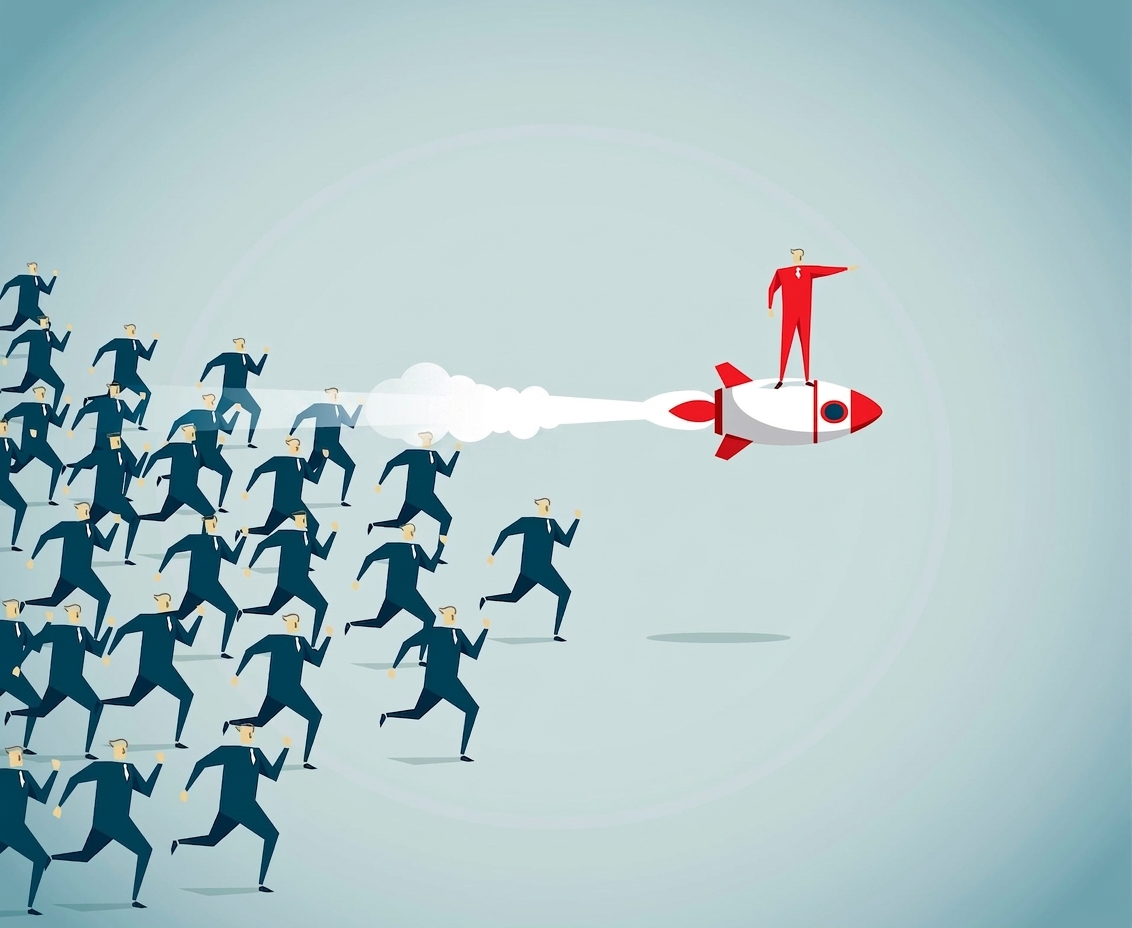 Man on rocket leading crowd of followers