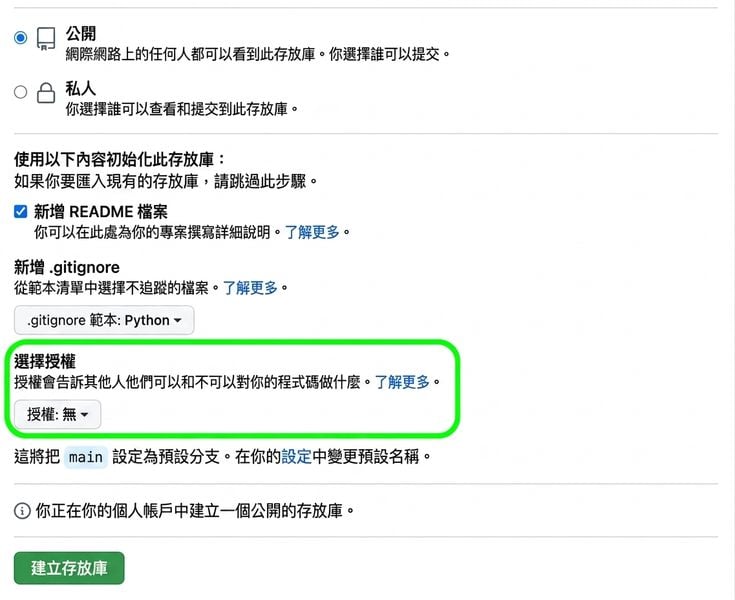 GitHub 建立新儲存庫頁面，Licence 選項已標示