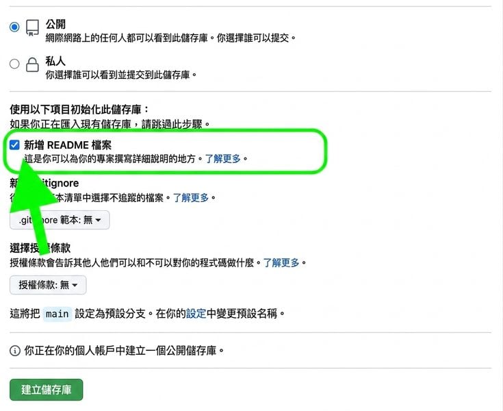 GitHub 建立新儲存庫頁面，Add README file 已勾選並標示