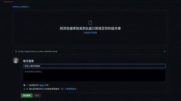 影片示範新增提交訊息「Add la liga attendance plot」並完成提交