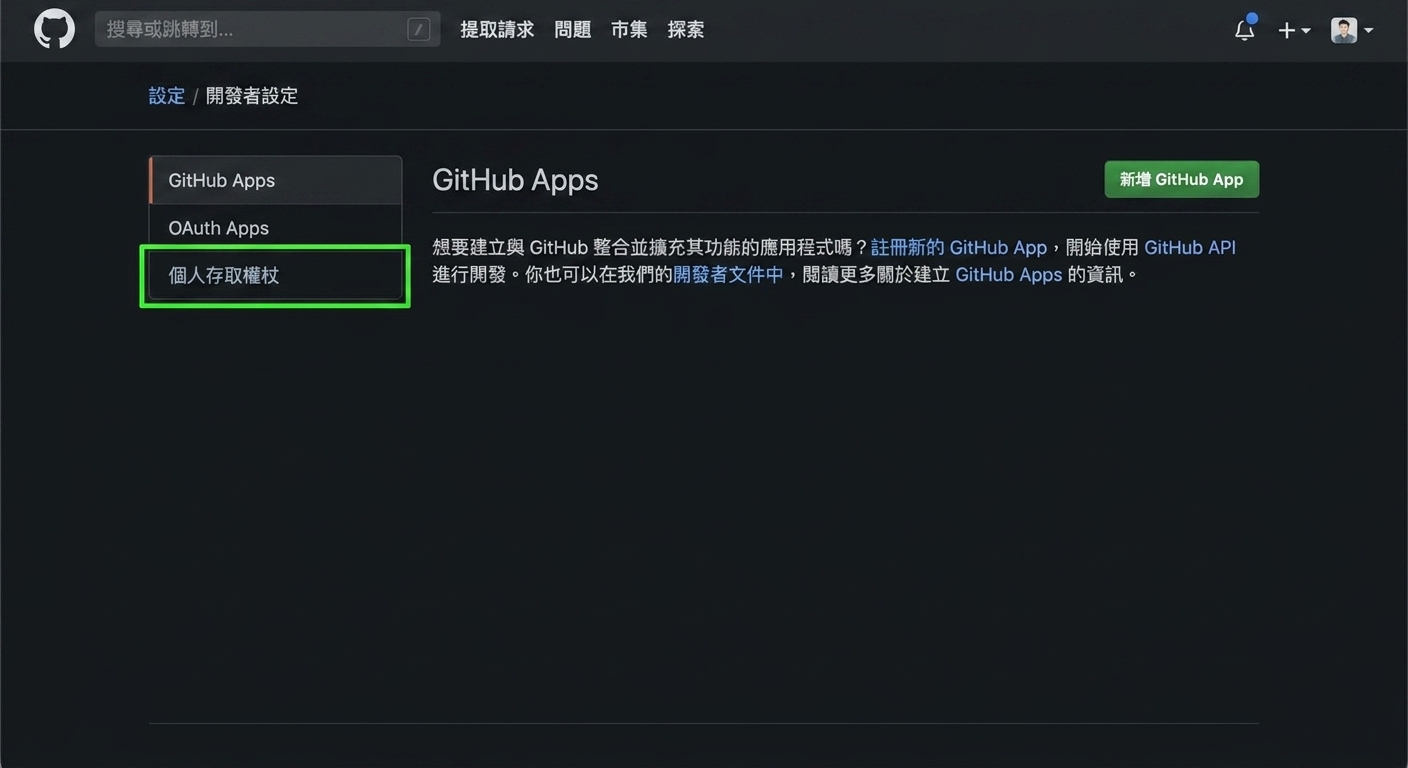 Developer settings 頁面有三個選項:GitHub Apps、OAuth Apps、Personal access tokens