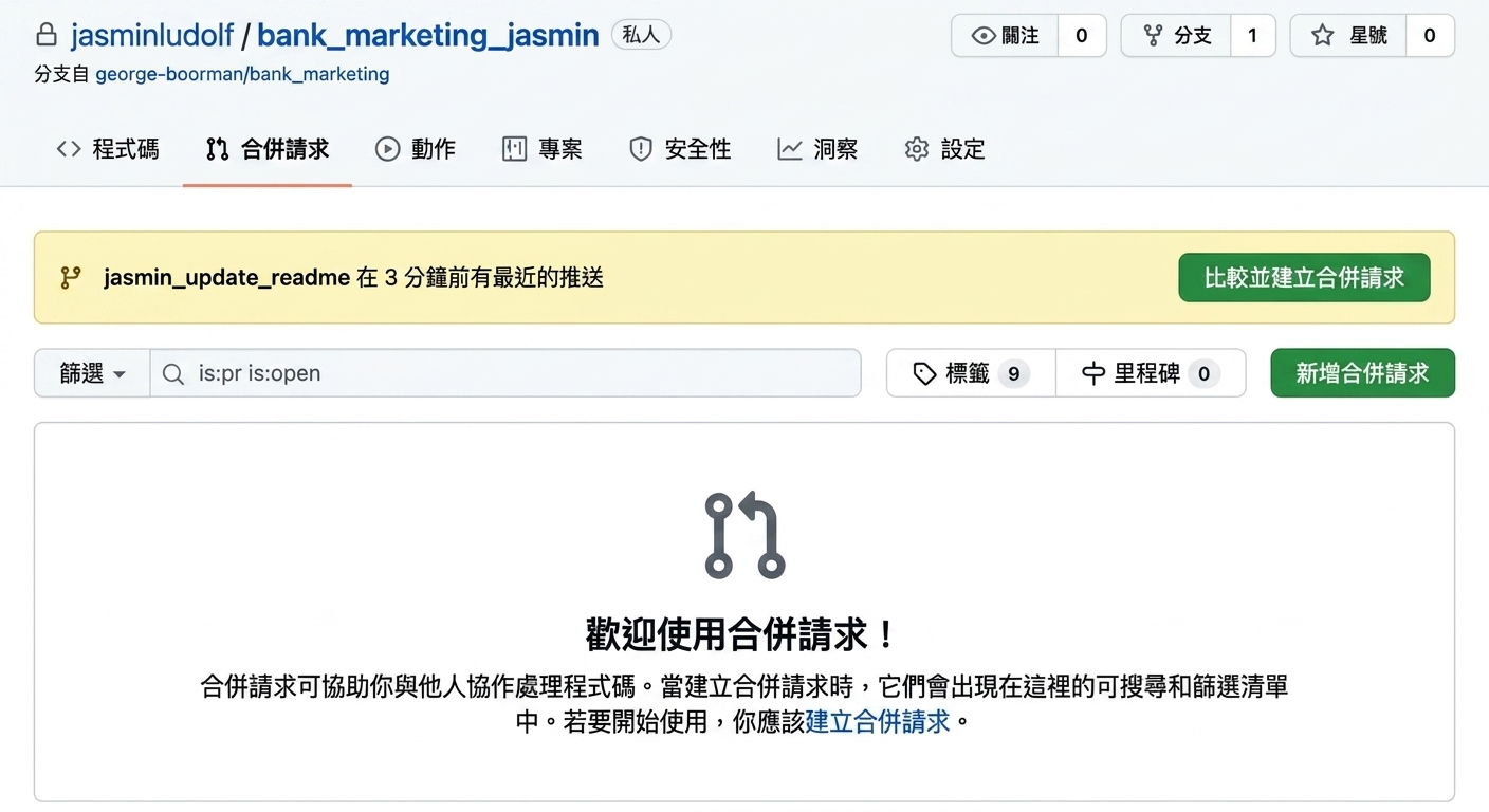 fork 儲存庫中的 Pull requests 分頁畫面