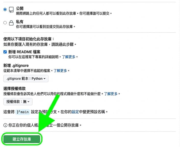 GitHub 建立新儲存庫頁面，Create repository 按鈕已標示