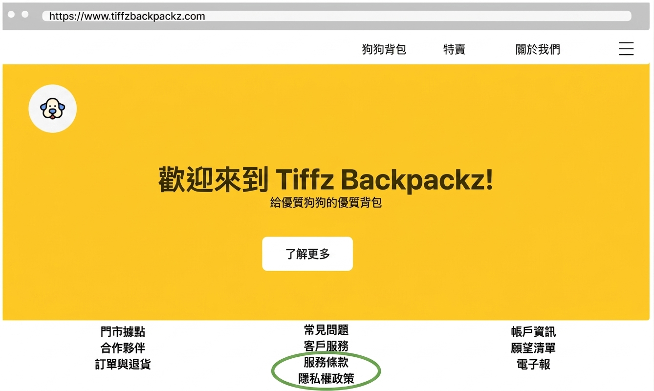 Tiffz Backpackz 服務條款頁面