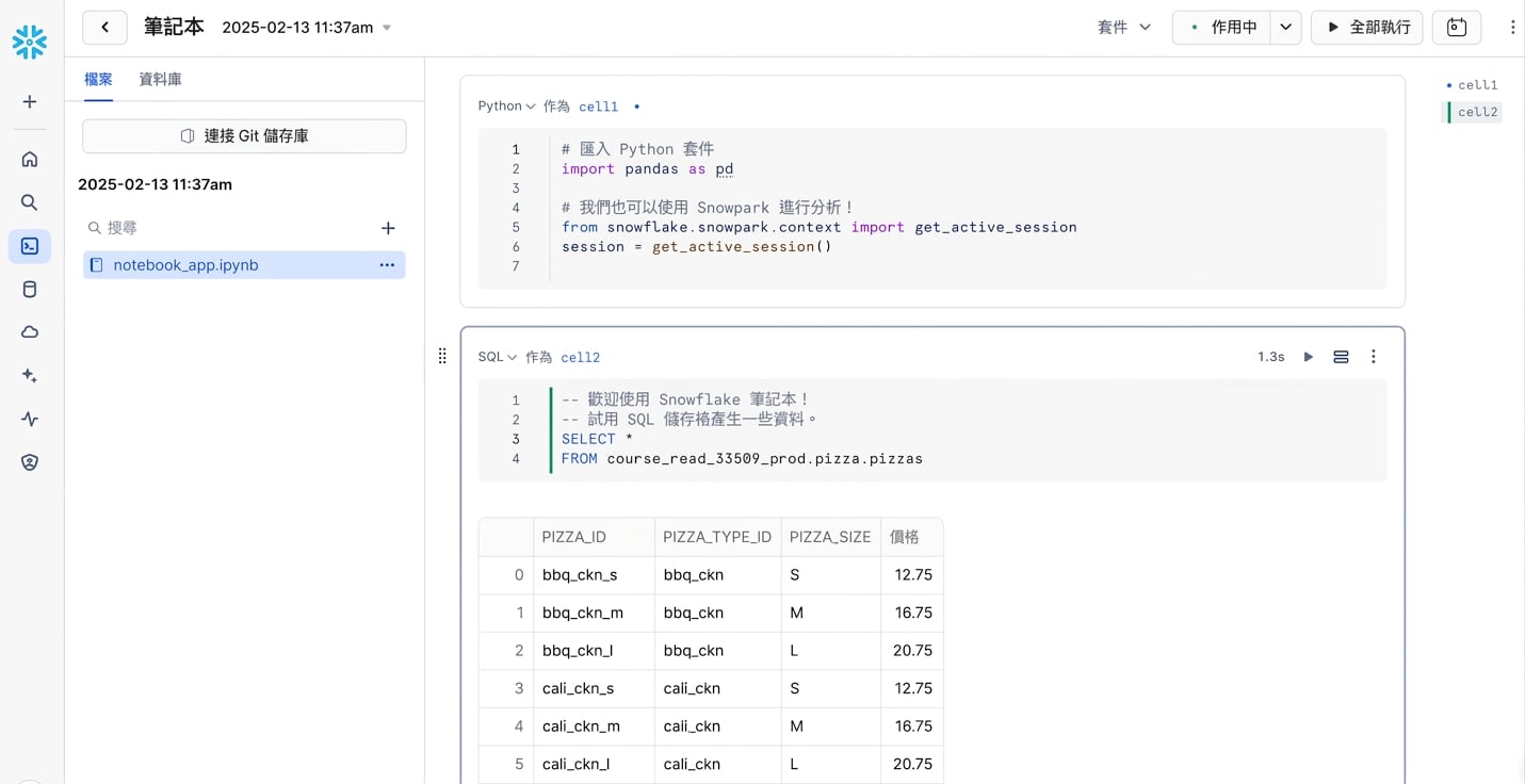 Snowflake 筆記本，含 Python 與 SQL 程式碼儲存格