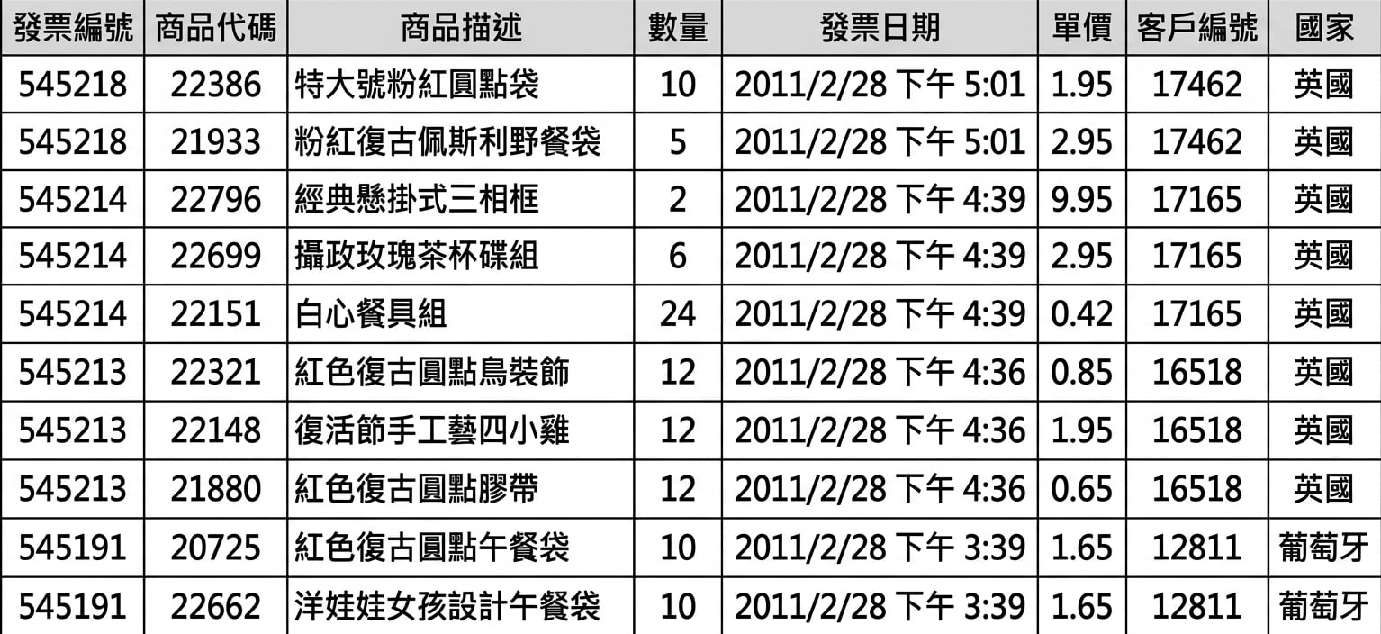 電子商務線上零售資料表列的檢視