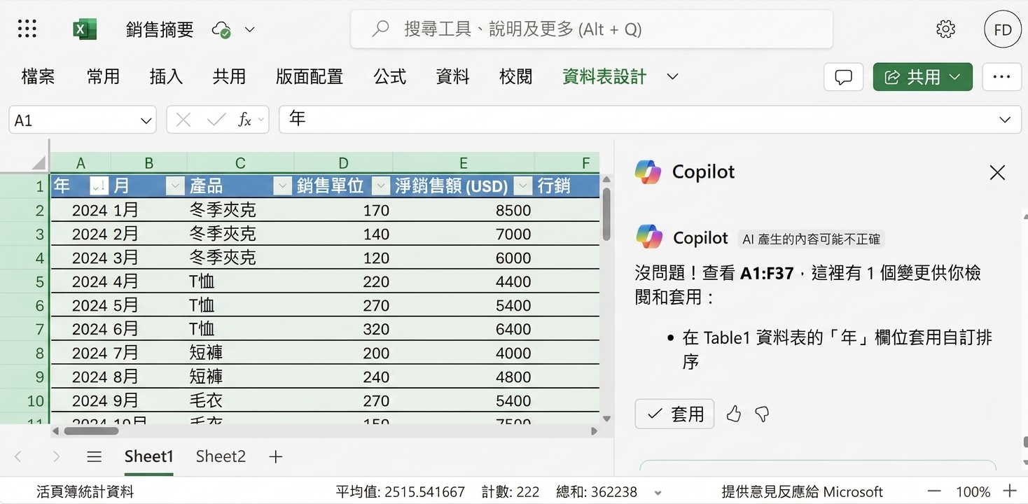 開啟的 Excel 文件，含服飾產品資料與側邊的 Copilot 聊天，使用者要求依 Year 欄排序。