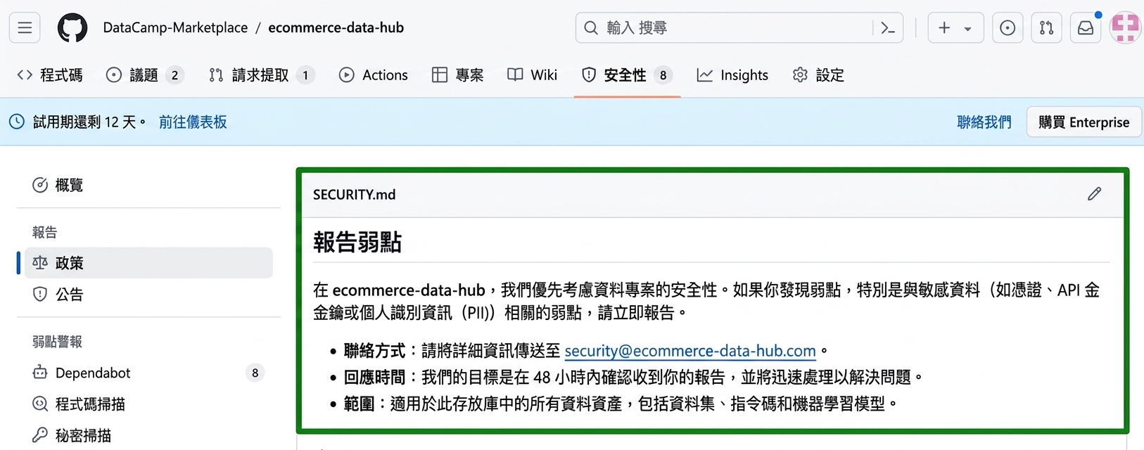 在 Security 分頁檢查 SECURITY.md