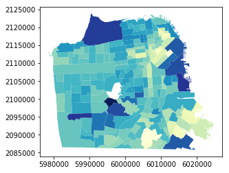 Choropleth map of San Francisco constructed earlier in the course.