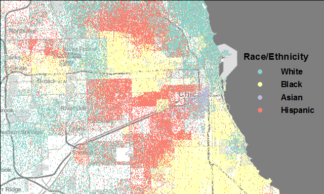 A dot density map of Chicago, showing White, Black, Asian, and Hispanic population in four different colors. Dots of the same color are clustered near each other, implying a landscape segregated by race.