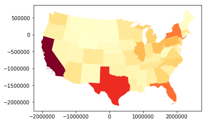 A map of the continental United States, with states colored by the number of households with computers.