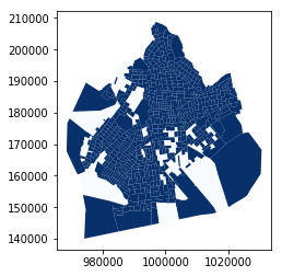 A map of Census tracts in Brooklyn, with low income tracts colored dark blue.