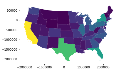 A map of the continental United States, with states colored by the number of households with computers.