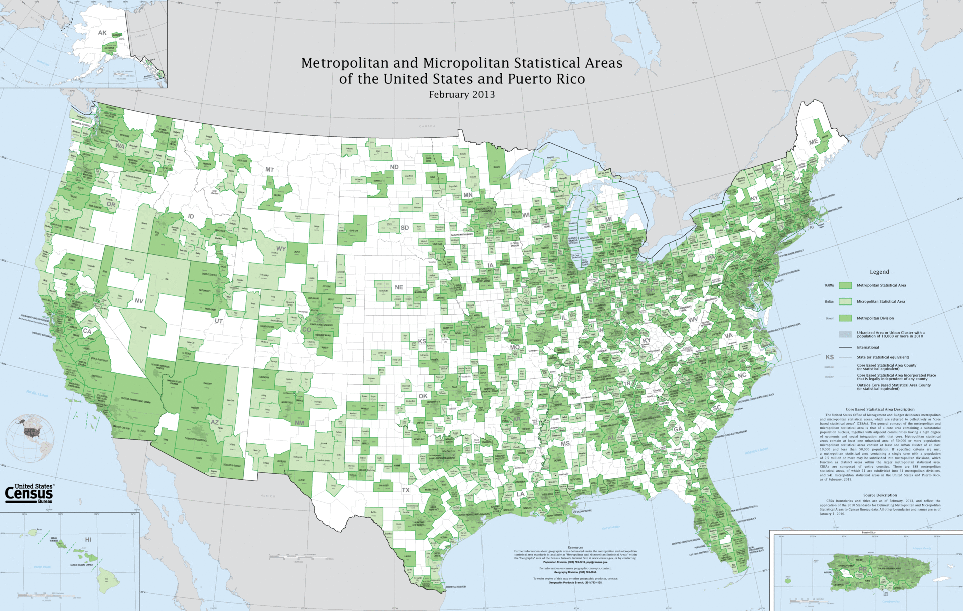 A map of the United States showing boundaries of metropolitan and micropolitan statistical areas.