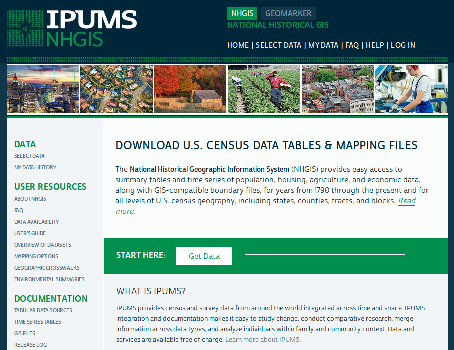 A screenshot of the National Historical GIS homepage.