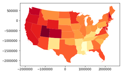 A map of the continental United States, with states colored by the proportion of households with computers.