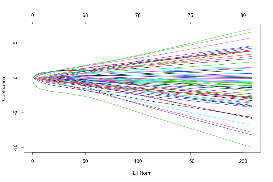 The image shows a custom line plot for glmnet models. There are many lines of coefficients versus L1 norm. As L1 norm increases, the range of coefficients gets wider.