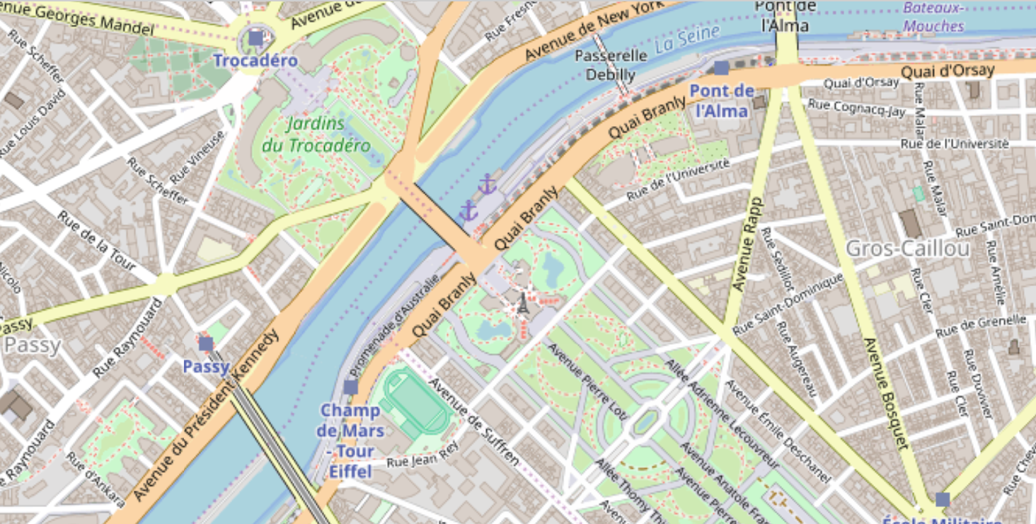 zoomed in street map of Paris with tiny eiffel tower