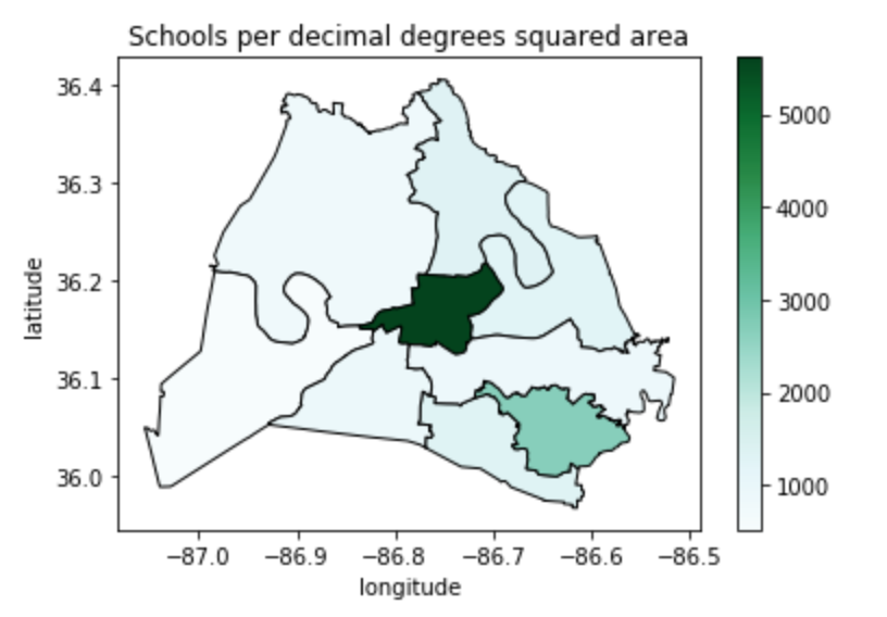 choropleth of school densities with blue-green colormap