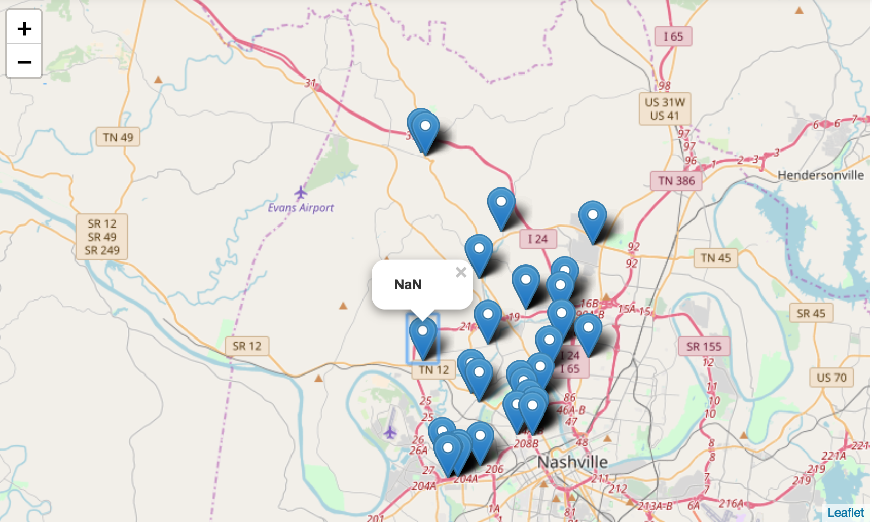 street map of nashville with markers and a popup that says 'NaN'
