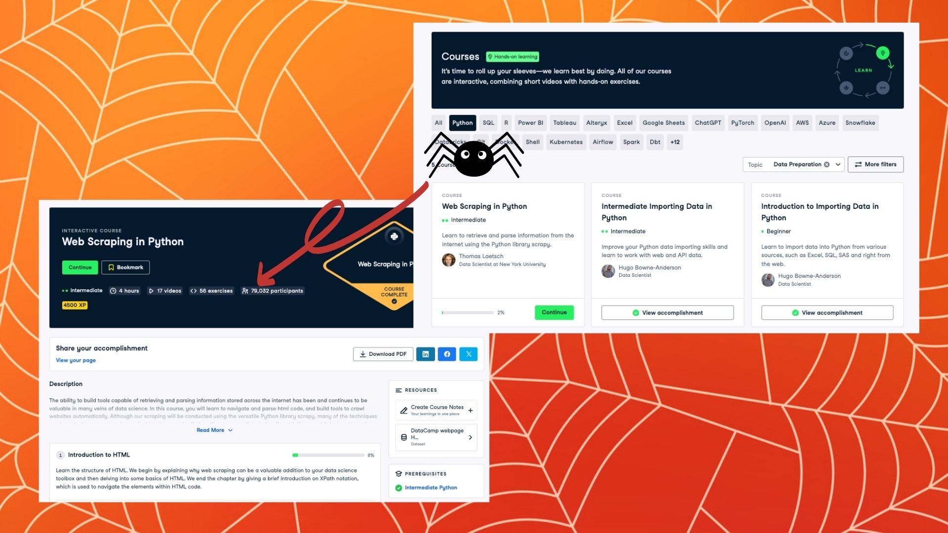 A spider following links through the DataCamp website.