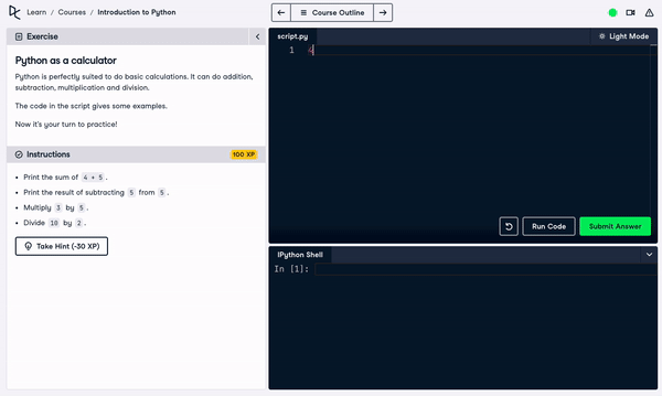 GIF: typing 4 + 5 in the script and hitting submit answer. No output is shown.