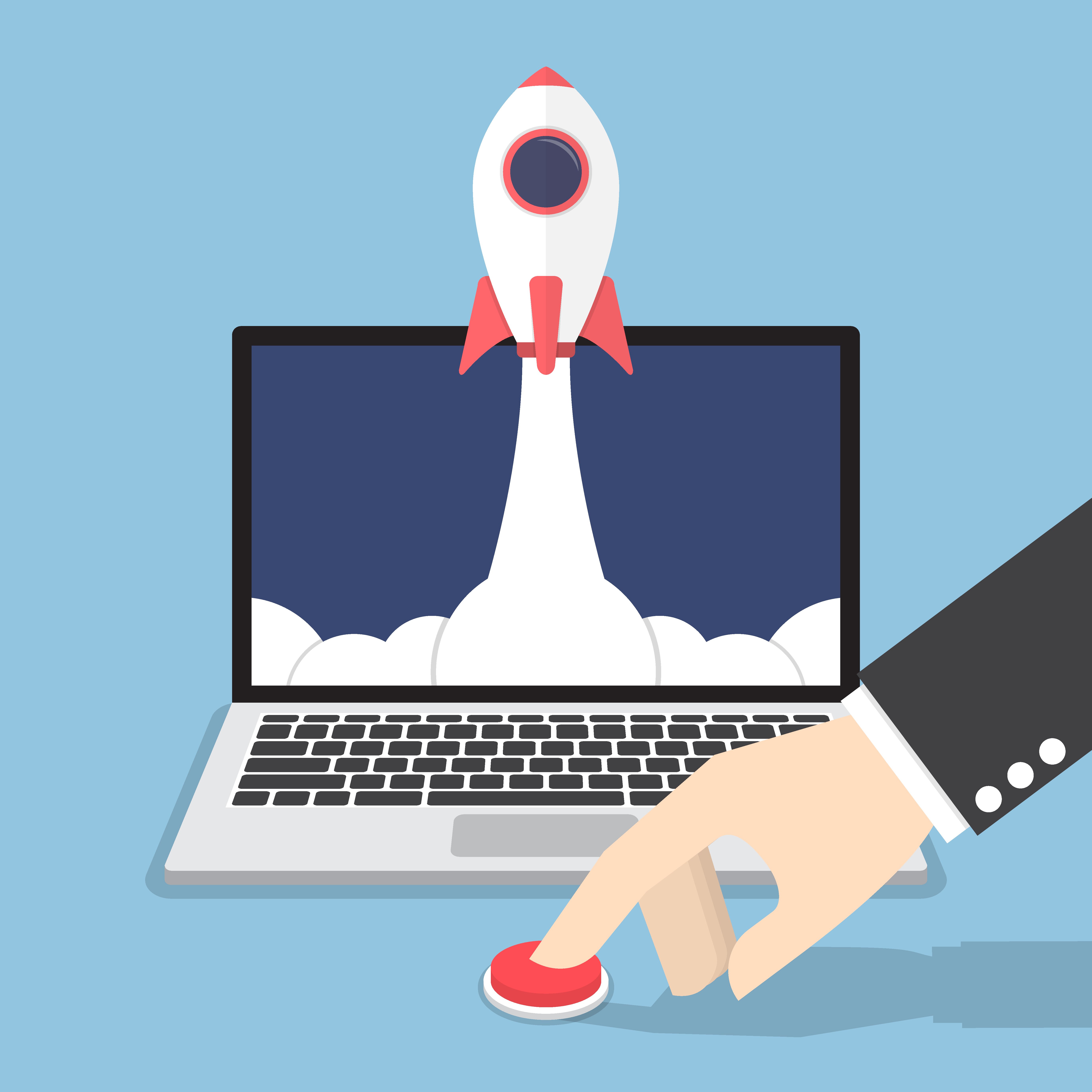 Graphic of a rocket launching from a computer