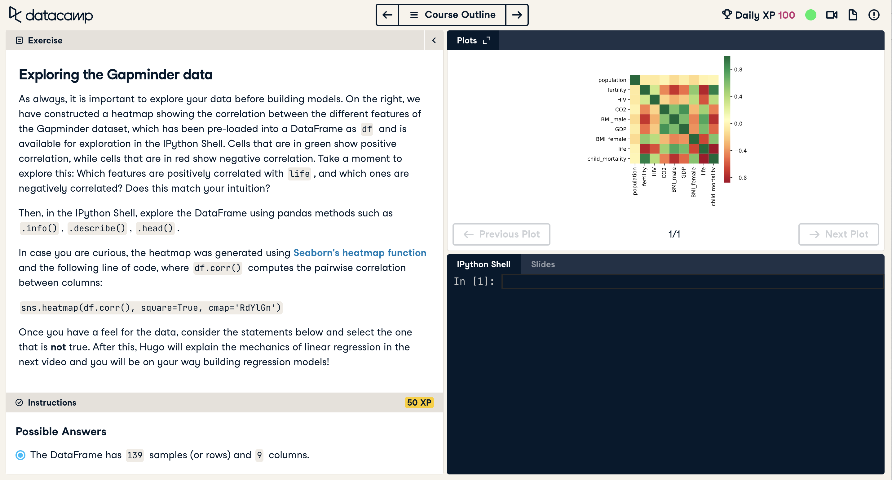 Screenshot of a Multiple choice with console exercise