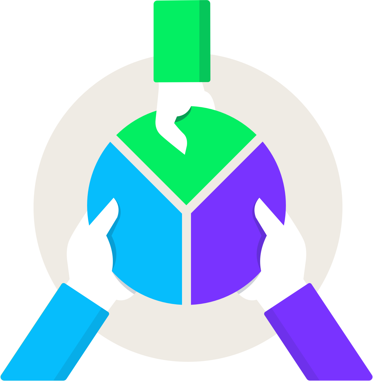 Graphic of three hands each holding a piece of a circle that fits together