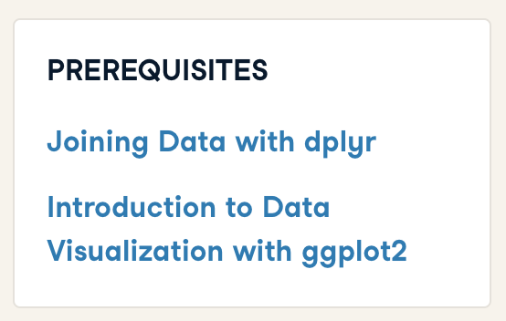 Screenshot of the prerequisite courses for Cleaning Data in R: Joining Data with dplyr and Introduction to Data Visualization with ggplot2