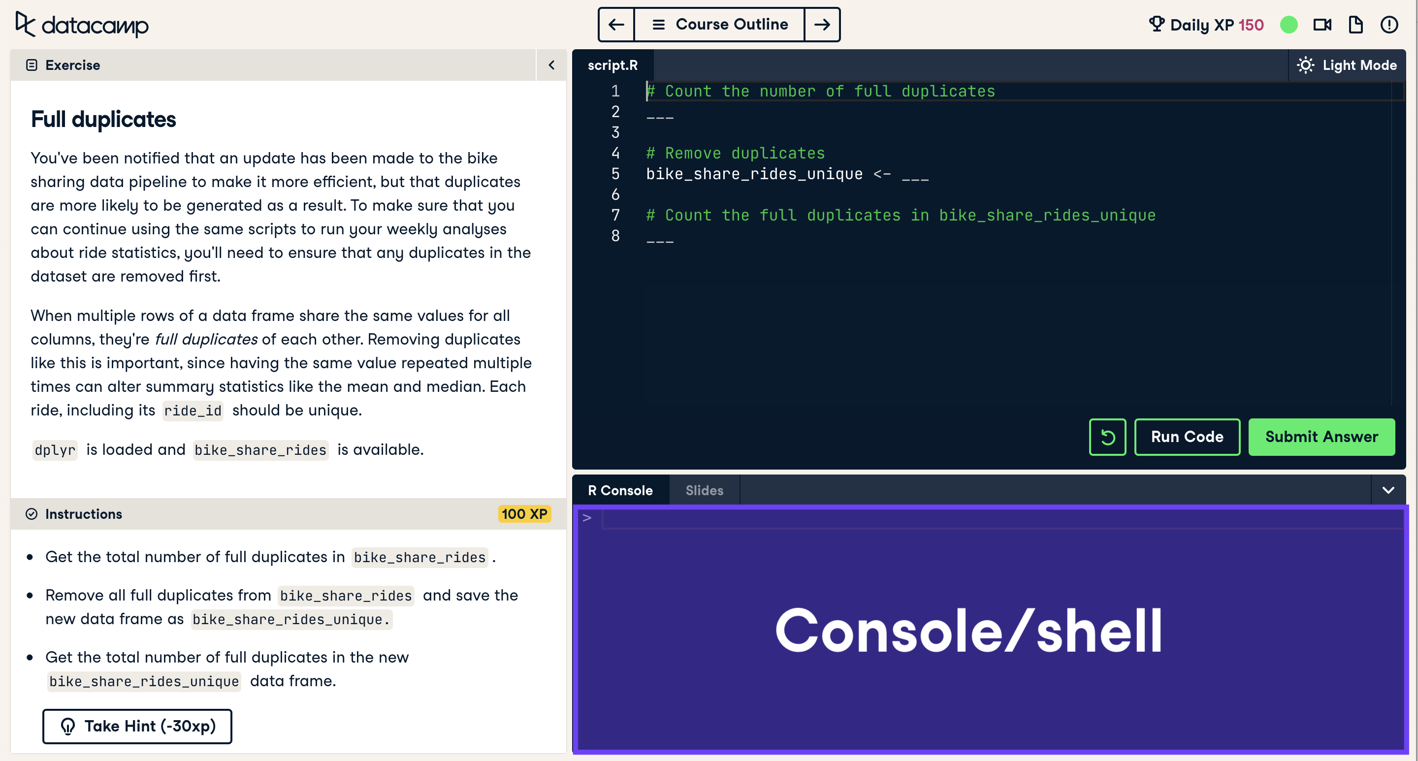 Screenshot of coding exercise with console highlighted