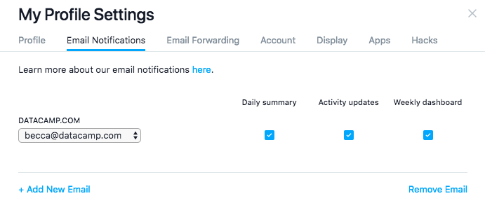 Asana - Email notifications tab in My Profile Settings window