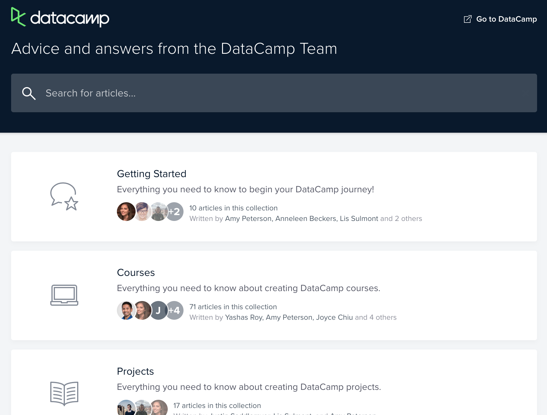 Screenshot of DataCamp instructor knowledge base homepage
