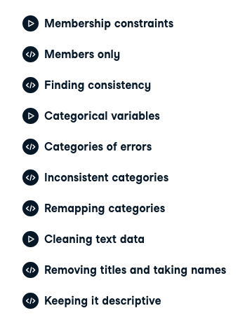 Image of course exercise titles; Membership constraints, Members only, Finding consistency, etc
