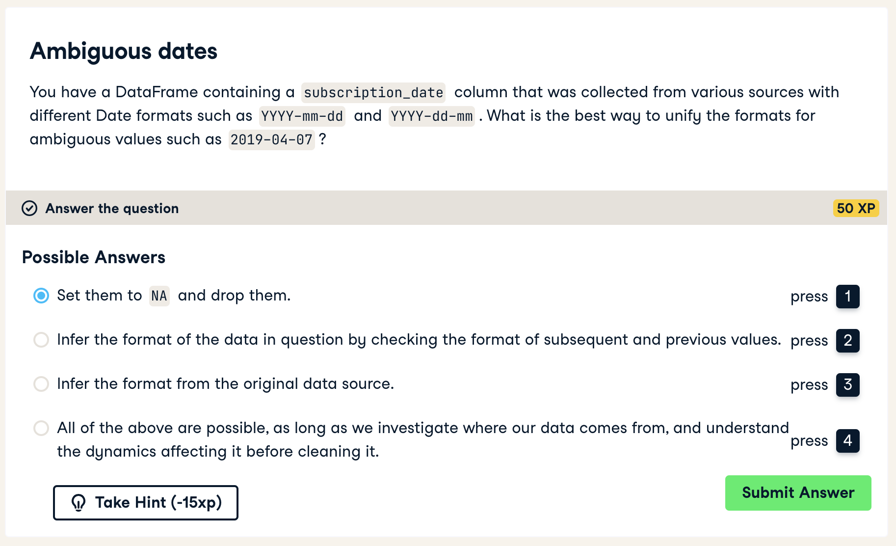 Screenshot of a Multiple choice exercise